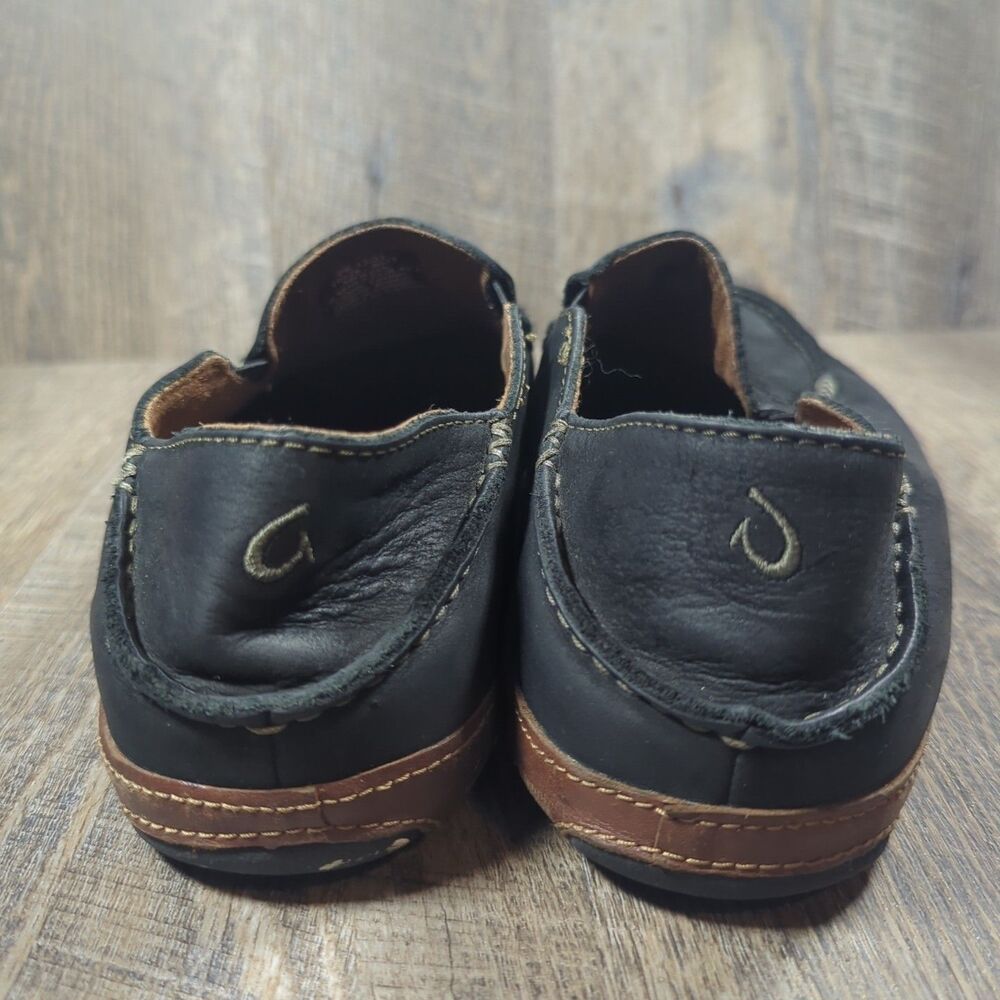 Olukai Moloa Shoes Men's Size 10.5 Black Leather Comfort Casual Loafers Moc - Picture 7 of 13